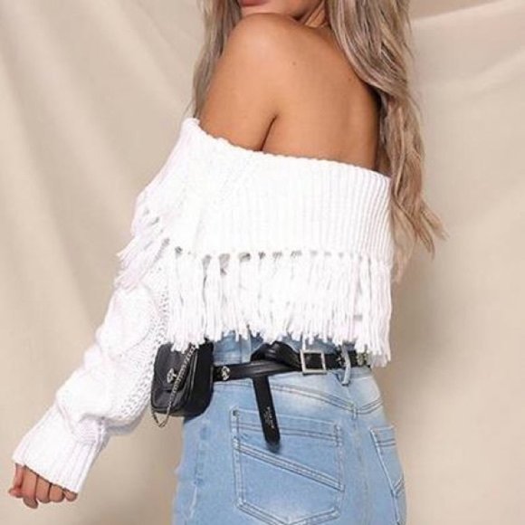 Main Strip Off Shoulder Tassel Long Sleeve Knit Fringe Sweater - Picture 3 of 9